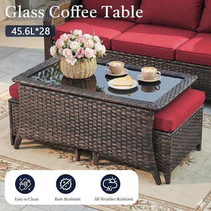 8 Piece High Back Wicker Patio Furniture Set - Patio Conversation Set with 4 Inch Thick Cushions and Deep Seating Swivel Glider Chairs Set of 4 & Outdoor Couch for Porch Deck Yard Pool