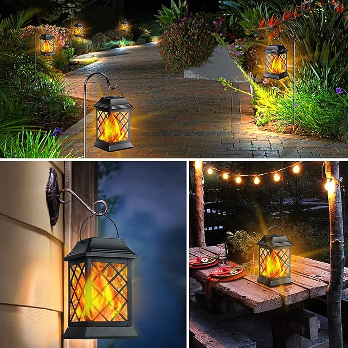 TomCare Flickering Flame Solar Lights Outdoor Metal Hanging Lantern, 2 Pack | Realistic Flame Effect, Charges in 6-8 Hours, 10-12-Hour Runtime, IP65 Waterproof, Auto On/Off for Patio, Garden and Porch