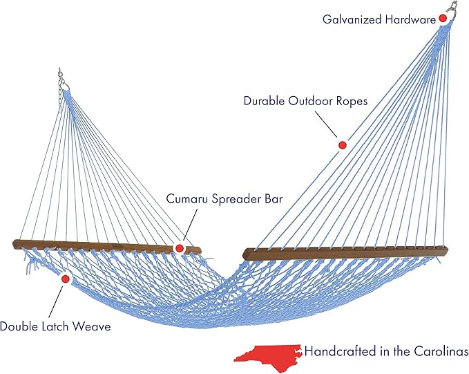 Nags Head Hammocks First Mate Coastal Blue DuraCord Rope Hammock – 12 ft. x 50 in., 450 lb Capacity, Cumaru Spreader Bar, Galvanized Hardware, Handcrafted in USA, Free Chains & Tree Hooks