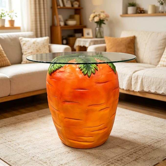 Carrot Shaped Side Table with Glass Top Resin Fruit Stool Novelty End Table for Living Room Bedroom Patio Garden, Outdoor Indoor Accent Table