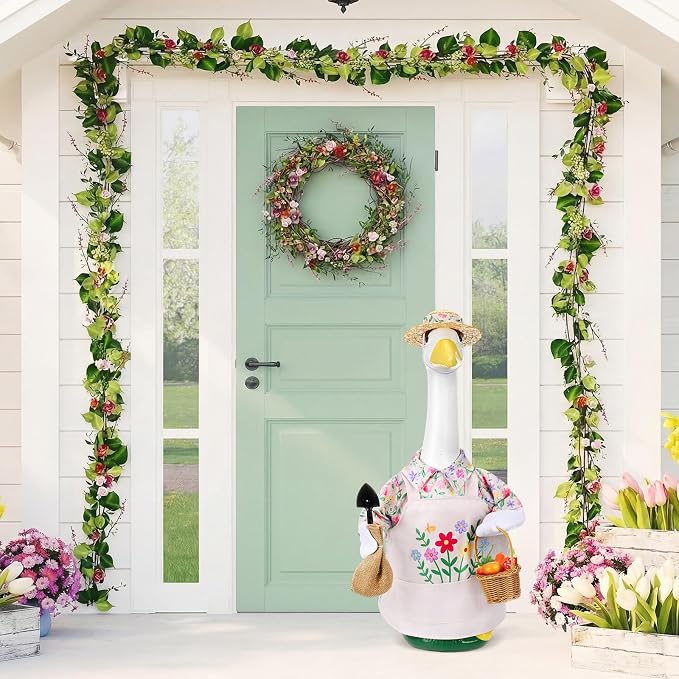 Floral Garden Porch Goose Outfits 23 Inch Geese Statue Costume with Hat Basket Shovel Goose Clothes for Spring Outdoor Garden Lawn Patio Decor