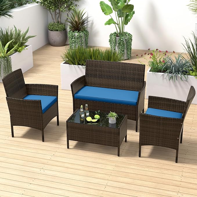 RELAX4LIFE 8-Piece Patio Furniture Set - Rattan Outdoor Conversation Bistro Set w/Cushions, Glass Coffee Table, Wicker Chairs & Loveseat for Garden Backyard Porch, Balcony Furniture Set (2, Peacock)