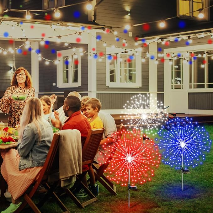 Tujoe 12 Pcs 4th of July Solar Firework Stake Lights 180 LED 8 Modes Solar Waterproof LED Sparkler Lights Outdoor Patriotic Decoration for Memorial Independence Day Garden Patio Yard(Red, Blue, White)