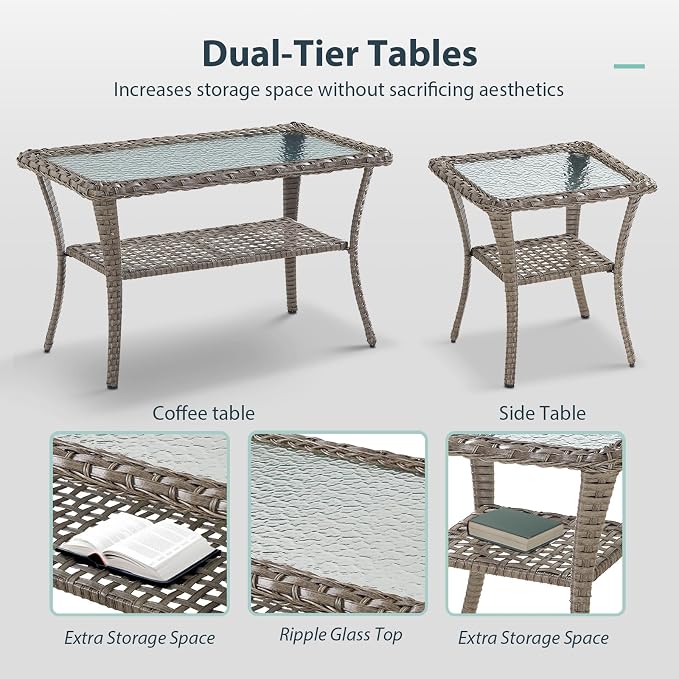 5 Piece Patio Furniture Set - Wicker Patio Conversation Set with Swivel Glider, 3 Seat Sofa, Tempered Glass Side Table and Coffee Table for Deck Backyard - Grey Wicker Red Cushion