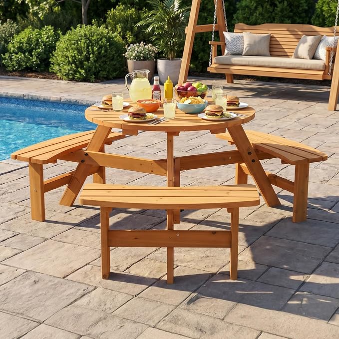 VINGLI Wood Picnic Table Outdoor Round Picnic Table with Umbrella Hole and 3 Built-in Benches, Outdoor Dining Tables and Chairs 300 LBS Bench Capacity (Natural, Round)