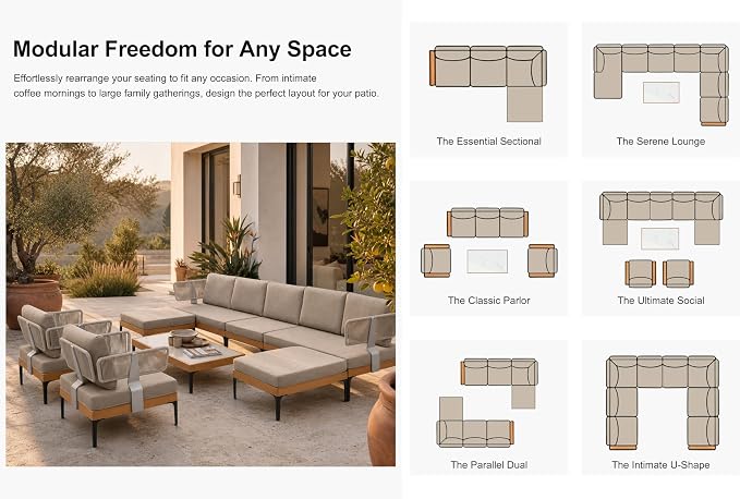 PURPLE LEAF Patio Furniture Set Outdoor Sectional Sofa with Coffee Table Fade-Resistant Cushions Wicker U-Shaped 9 Pieces Aluminum Conversation Sets for Balcony Yard Poolside Garden, Taupe