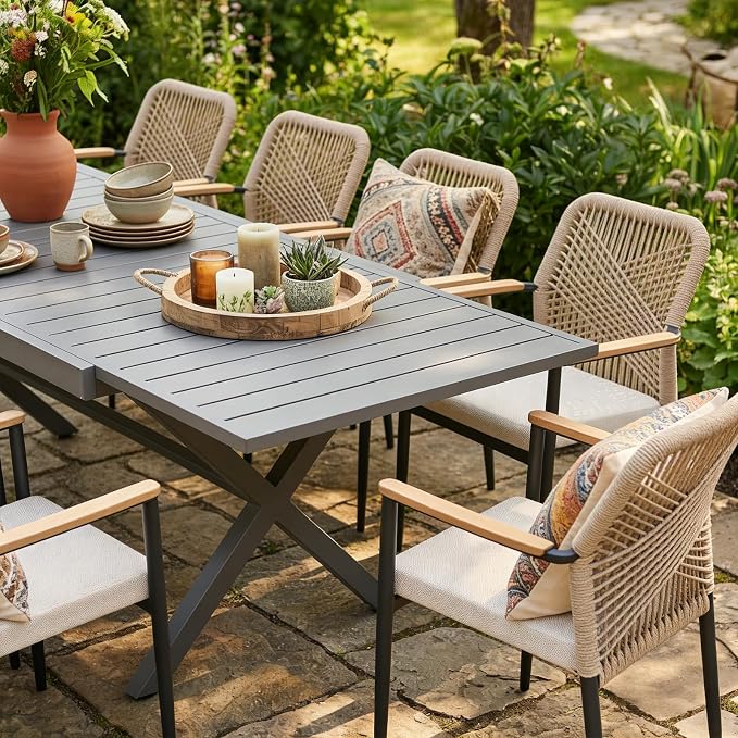 SUNSITT 7 Piece Outdoor Patio Dining Set, 65" - 107" Metal Expandable Outdoor Dining Table with X-Shape Legs, 6 Woven Wicker Patio Chairs w/WPC Armrests for Garden, Dark Grey