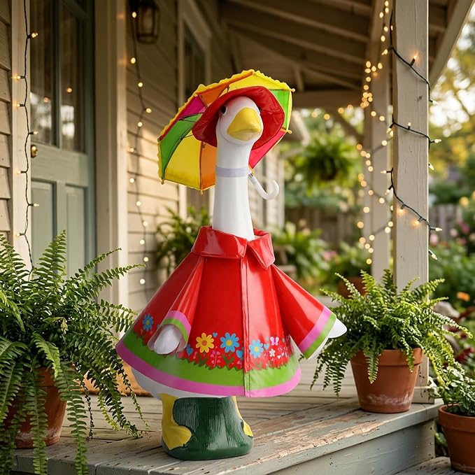 DECOHS 3 Pcs/Set Raincoat Porch Goose Outfits, Summer Lawn Goose Statue Costume with Rainbow Umbrella and Hat, Yard Geese Clothes for 23" Statue Patio Garden Decoration (Red Flower)