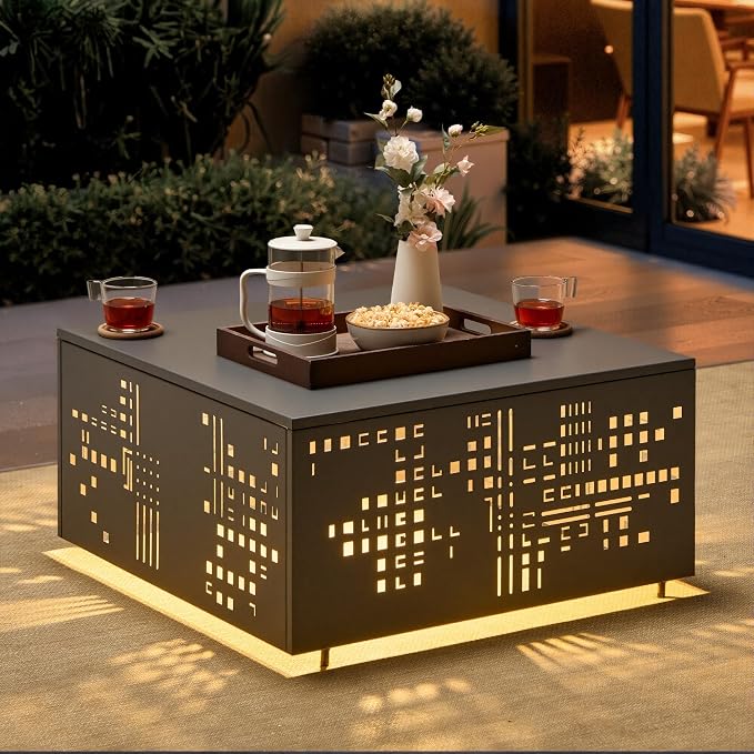 ovios 27" Outdoor Coffee Table with Solar Light, Patio Metal Table with Umbrella Hole and Cut-Out Design, Weatherproof Square Side Tables for Deck Porch Balcony Garden Backyard, Grey