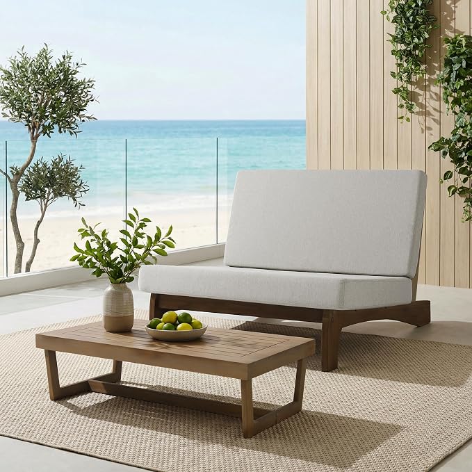 Outdoor Furniture Patio Couch, Weather Resistant Patio Loveseat Sofa Couch with Removable Cushion, Teak Wood Frame for Porch & Backyard Seating - Light Camel