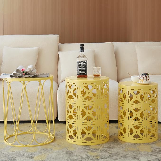 Y&M Outdoor Side Tables Set of 3, Metal Nesting Patio Side Tables for Outside, Decorative Garden Stool Plant Stand for Patio Garden Balcony Porch-Yellow