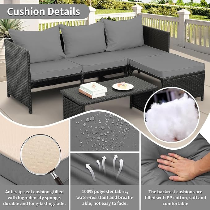 3-Piece Outdoor PE Rattan Furniture Set Patio Black Wicker Conversation Loveseat Sofa Sectional Couch Turquoise Cushion(Green)