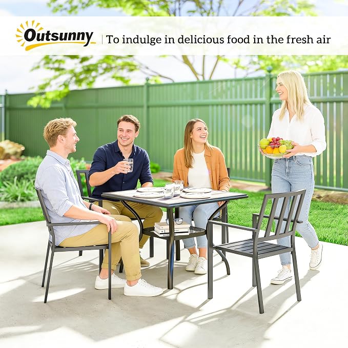 Outsunny Outdoor Dining Table for 4 People, 37" Square Patio Table with Umbrella Hole, Storage Shelf and Faux Wood Top, Metal Frame Outdoor Furniture for Garden, Backyard, Deck, Gray