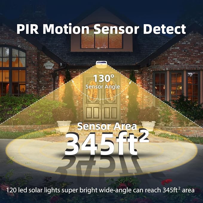 HMCITY 120 LED Solar Lights Outdoor Motion Sensor, 2 Pack, White Warm | 3 Lighting Modes, IP65 Waterproof, Front Button Control, Wide Solar Wall Lights Ideal for Garden Patio Yard