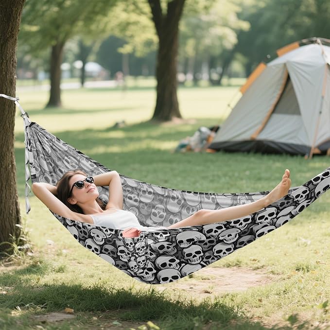 Camping Hammock Outdoor Hammocks for Outside Skull Gray Beach Trees Portable Lightweight with Pockets Tree Straps Indoor