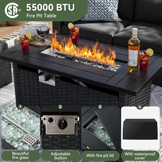 Aoxun 15 Piece Patio Furniture Set with 44” Fire Pit Table Wicker Patio Sectional Sofa Set Outdoor Seating Furniture with Thickened Cushion, Black