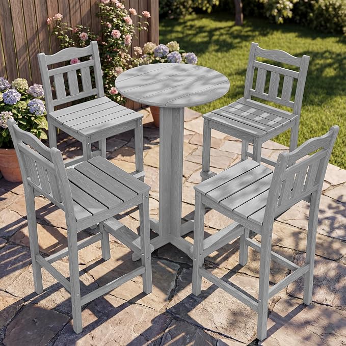 Outdoor Bar Stools Set of 4, HDPE Adirondack Bar Chairs with Backs, All-Weather High Top Patio Chairs, Heavy Duty Armless Bar Height Chair for Balcony, Garden, Deck (Slate Grey, 4pcs Set)