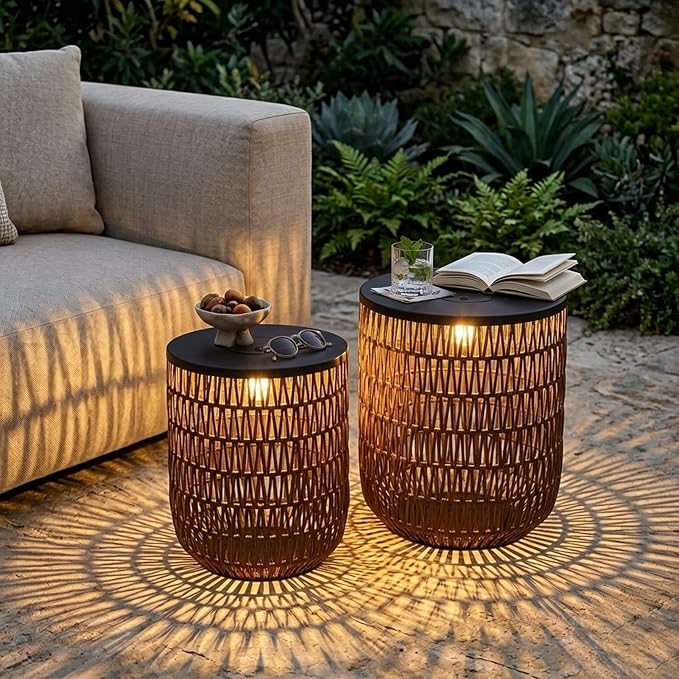 HMVPL Solar Outdoor Side Table Set of 2 with Dimmable Light, Round Patio Side Table for Outside, Outdoor End Accent Tables, Waterproof Plastic Rattan Patio End Table for Backyard Gazebo, Dusk to Dawn