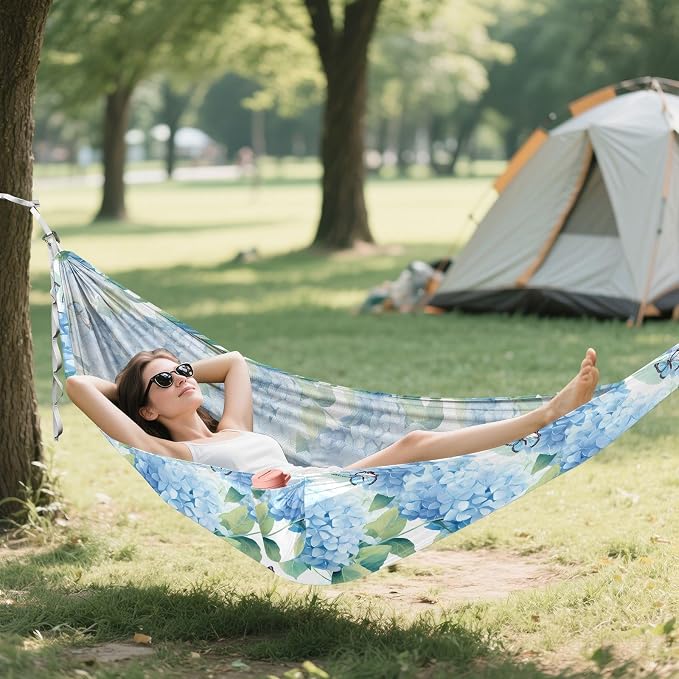 Camping Hammock Outdoor Hammocks for Outside Hydrangea Blue Butterfly Beach Trees Portable Lightweight with Pockets Tree Straps Indoor Small
