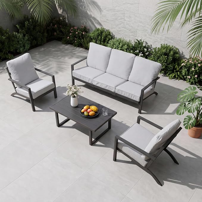 Aluminum Patio Furniture Set With Height-Adjustable Coffee Table, 4-Piece Patio Lounge Set With 5-Inch Washable Thickened Cushions, Outdoor Couch Sectional Suitable For Poolside Balconies Garden, Gray