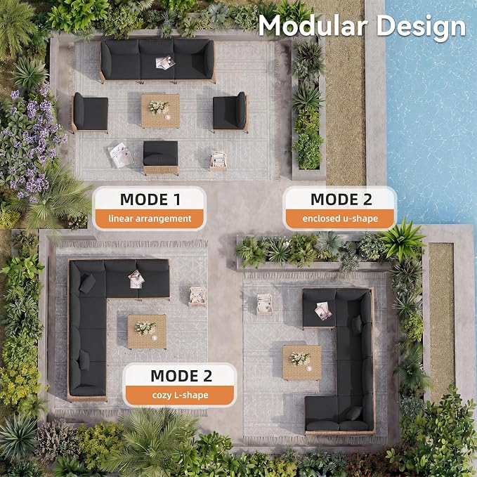 Aoxun 7-Piece Patio Furniture Set, Wicker Outdoor Furniture with Water Resistant Thick Cushions, Patio Conversation Set Outdoor Sectional Sofa with Coffee Table for Backyard Poolside, Black