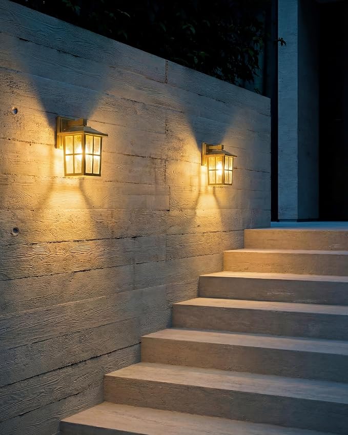 KDG Gold Outdoor Waterproof Modern Patio Wall Light Fixtures Set of 2 | E26 Socket Exterior Lanterns & Sconce with Tempered Glass, Wall Mounted Lamps for Home, Front Door, Garden, Garage, Porch