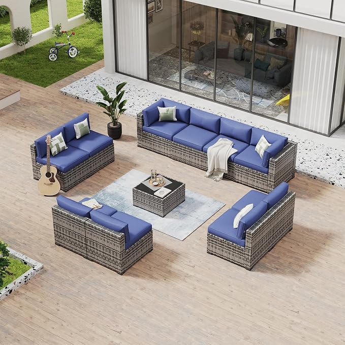 Aoxun 11 Piece Patio Furniture Set Wicker Rattan Patio Conversation Set Outdoor Sectional Sofa Set with Coffee Table and Thickened Cushions, Gray/Blue