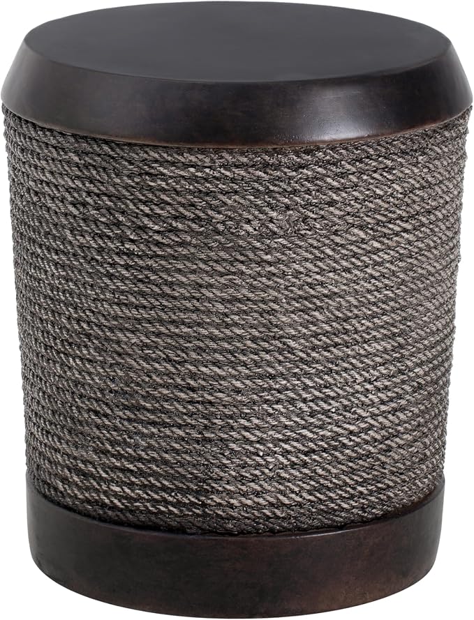 Outdoor Side Table, Small Round Pedestal End Table with Rope Texture & Vintage Trim, Farmhouse Boho Accent Table for Indoor Outdoor Living Room Bedroom Patio, No Assembly, 15.7" D x 18.1" H