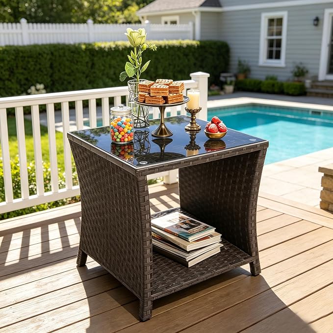 Wicker Rattan Side Table,Outdoor Patio Wicker Table,Modern Patio End Side Table with Glass Countertop and Storage Space,for Garden Balcony Porch