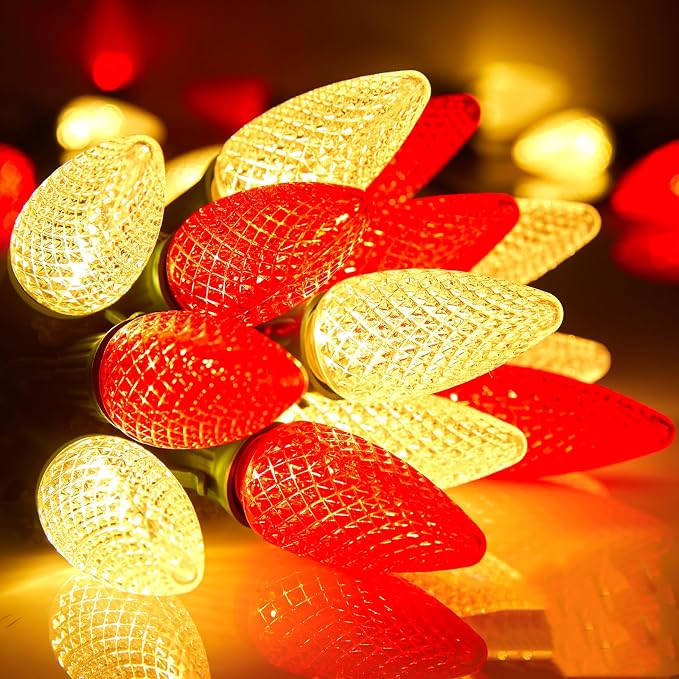 C9 LED Christmas String Lights, 66 ft 100 LED Strawberry Roof Lights, Commercial Grade Waterproof Extendable for Indoor Outdoor Roofline Home Xmas Decor, Red and Warm White