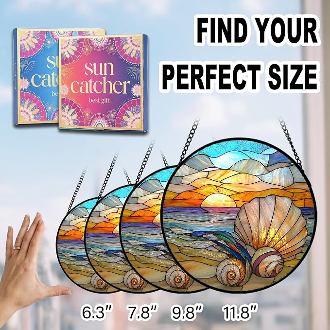 Birthday Gifts for Women - Beach Shell Faux Stained Glass Window Hanging Sun Catcher for Door Garden Acrylic Ocean Decor Mother's Day Christmas for Mom Men Nana Grandma Sisters 7.8"
