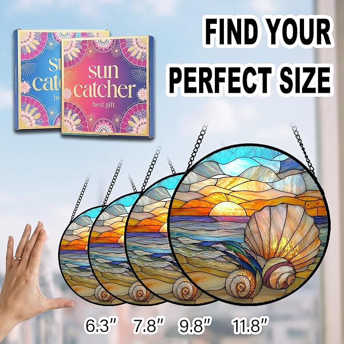 Birthday Gifts for Women - Beach Shell Faux Stained Glass Window Hanging Sun Catcher for Door Garden Acrylic Ocean Decor Mother's Day Christmas for Mom Men Nana Grandma Sisters 6.3"