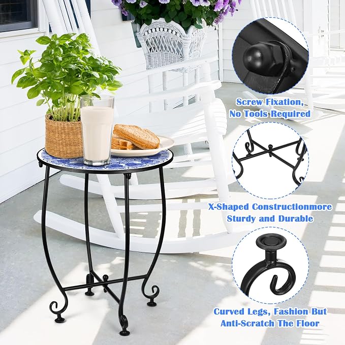 14'' Outdoor Round Side Table, Blue and White Porcelain Pattern Plant Stand,Mosaic End Table,Bistro Accent Table for Garden Yard Parch Balcony,Dark Blue