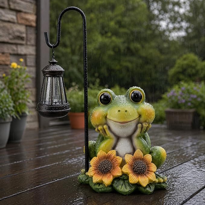 Solar Frog Garden Statue with LED Light – Hand-Painted Resin Outdoor Decor, Waterproof Lawn Ornament for Patio Yard Balcony, Unique Gift for Mom Grandma Women, Fairy Garden Decoration