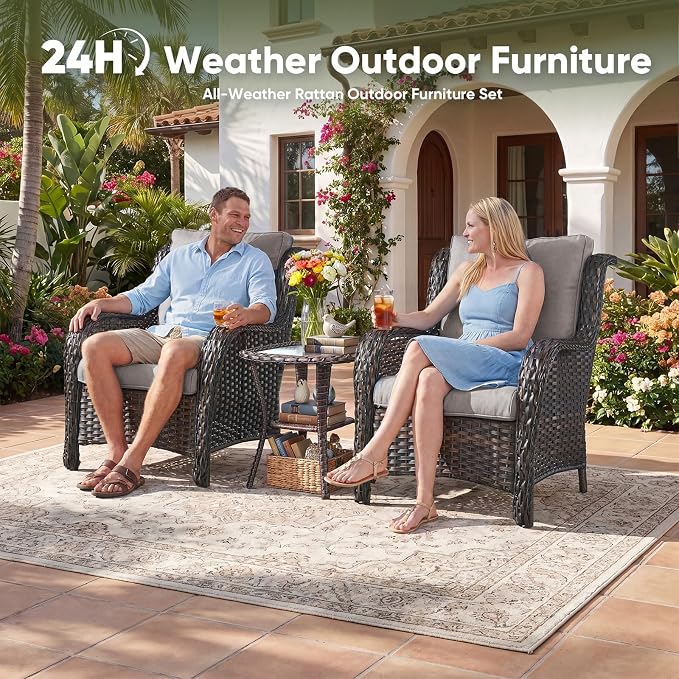 Rilyson Outdoor Wicker Patio Chairs Set of 2: Rattan Dining Chairs Porch Chairs Outdoor Club Chairs with high Back and Deep Seating (Brown/Beige)