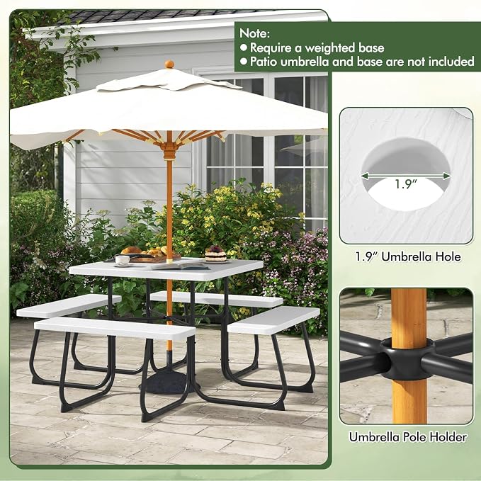 HAPPYGRILL 4-8 Person Square Picnic Table Bench Set with Umbrella Hole, Outdoor Camping Table with HDPE Material and Sturdy Metal Frame for Patio, Garden and Backyard, White
