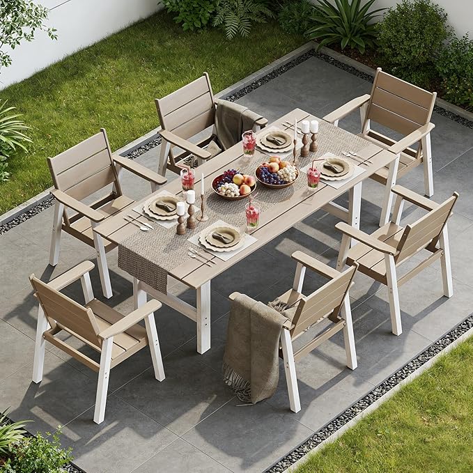 Outdoor Dining Chairs Set of 2,HDPE Patio Chairs with Wide Seat,Ergonomic Design Outdoor Furniture for Porch,Backyard,Deck,White Brown
