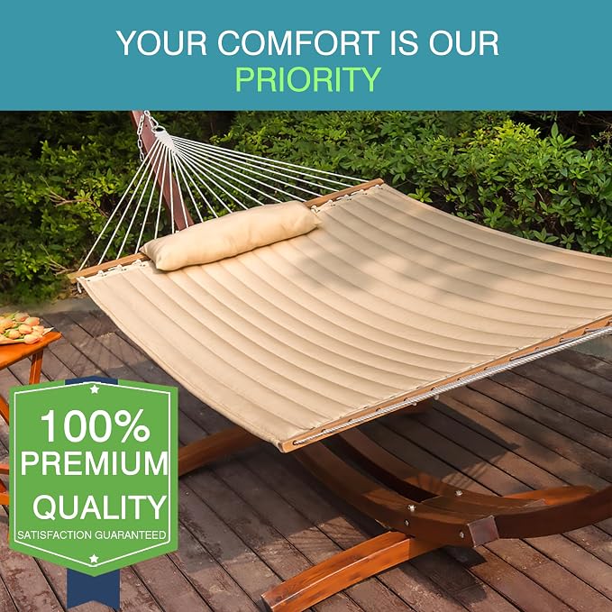 Lazy Daze Hammocks 2 Person Quilted Fabric Double Hammock with Spreader Bars and Detachable Pillow, 450lbs Capacity, Linen