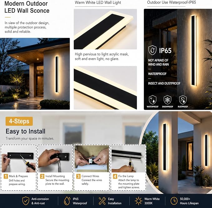 2Pack 47.2inch Long Outdoor Modern LED Wall Light,38W Waterproof IP65 Warm White 110V led Wall Mount Lighting Fixture Rectangular Black Wall Lights Elegant Frosted White Acrylic Anti Rust