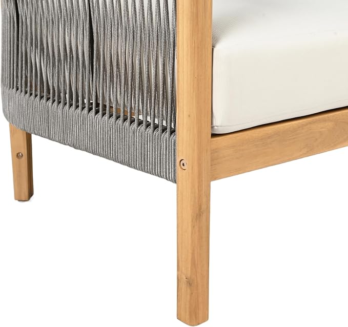 Christopher Knight Home Havets 4 Pieces Outdoor Acacia Furniture Set, Woven Rope Loveseat and Accent Club Chairs, Conversation Sets with 6" Thick Cushions for Backyard Garden Balcony, Gray+Beige