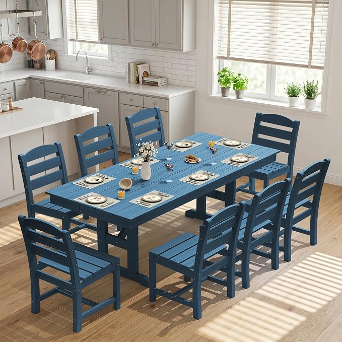 KINGYES 8-Seat Outdoor Patio Dining Set,84 inch HDPE Rectangular Table and Chairs Set,Waterproof Furniture Set with Umbrella Hole for Backyard,Blue