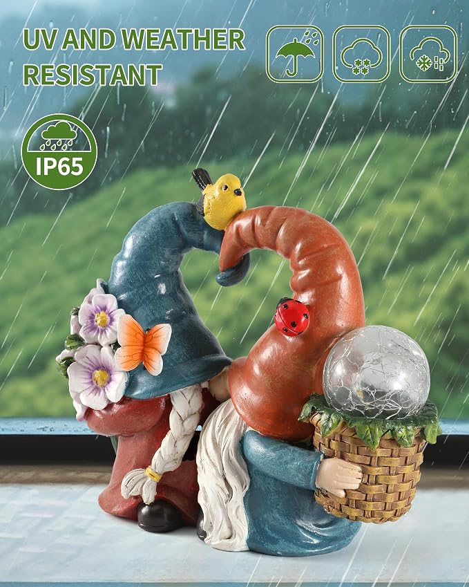 iStatue Solar-Powered 8.3'' Spring Summer Kissing Gnomes Decorations for Home & Garden - Decorative Outdoor Lawn Ornaments and Statues Clearance (Loved Gnomes)