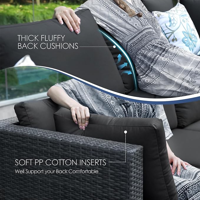 NICESOUL 13 Piece Patio Sectional w/Fire Pit, Modular Wicker Outdoor Couch w/Chaise Lounge, Large Size 29.3'' High-Back Deep Conversation Seating, All-Weather Backyard Movie Furniture, Dark Grey
