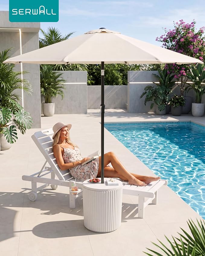 SERWALL Outdoor Round Umbrella Side Table, 3-in-1 Ice Bucket & Side Table & Storage Box, Multi-Functional Use for Porch/Patio/Poolside, Beige
