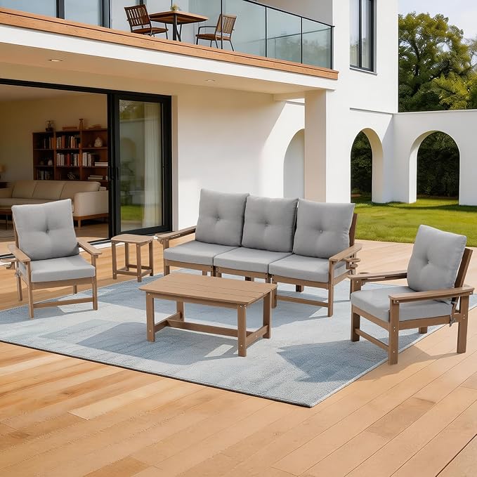 Modular Outdoor Patio Furniture Set, 7-Piece HDPE Sectional Sofa with Coffee Table & Thick Cushions - All-Weather Patio Conversation Set for Backyard, Deck, Poolside, Brown