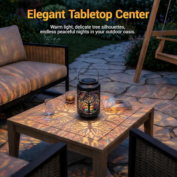 Tree of Life Solar Lantern Outdoor, Decorative Metal Solar Hanging Light with Colorful Light Pattern, Waterproof Garden Lantern for Patio, Yard, Porch, Balcony, Gifts for Women Mom Grandma