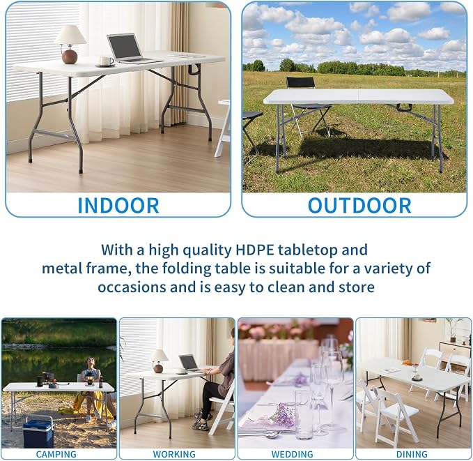KAIHAOWIN Plastic Folding Table-6ft Fold in Half Picnic Table with Carrying Handle for Indoor Outdoor Camping Wedding Banquet Party-White