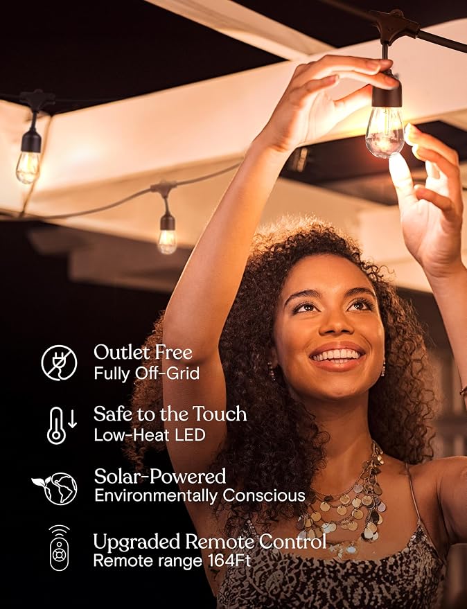 Brightech Ambience Pro Super Bright Solar - 27Ft Remote Control Outdoor String Lights, Shatterproof S14 Edison Bulbs, Commercial Grade LED, Waterproof Patio Lights for Deck, 4W Soft White, 12 Bulbs