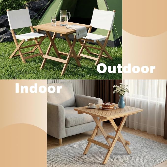 OTSUN Teak Wood Square Foldable Side Table Outdoor, Portable Patio End Table for Garden, Pool & Balcony, Natural Wooden Accent Table