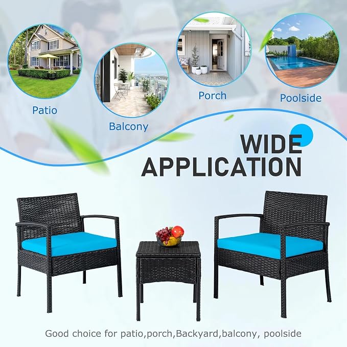 PROHIKER Patio Porch Furniture Set, 3 PCS Outdoor Patio Furniture with Rattan Chairs, Table, Blue Cushions for Garden Porch Balcony Yard